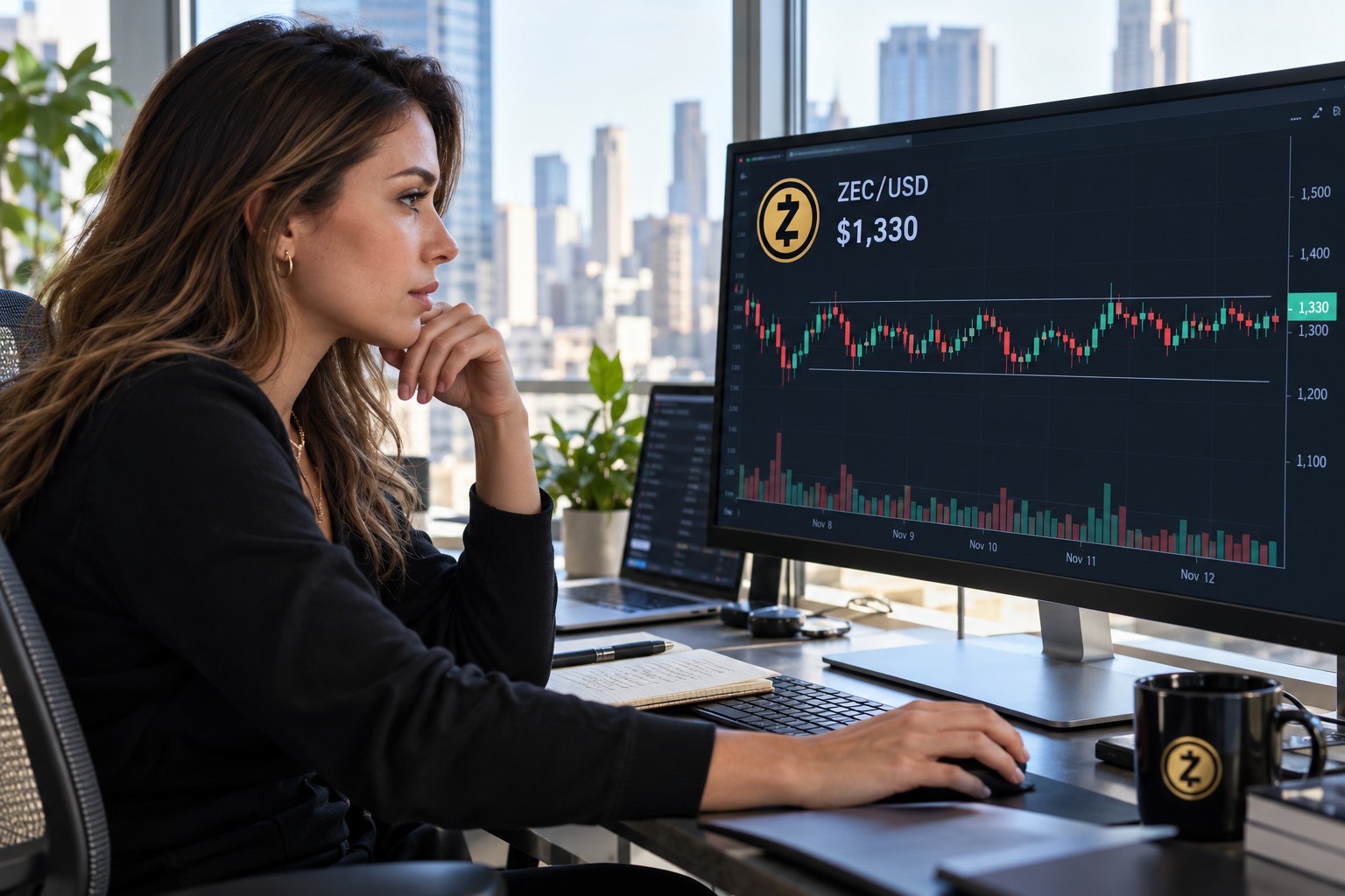 03-zcash Analista observando en un monitor el gráfico de cotización de Zcash (ZEC) frente al dólar